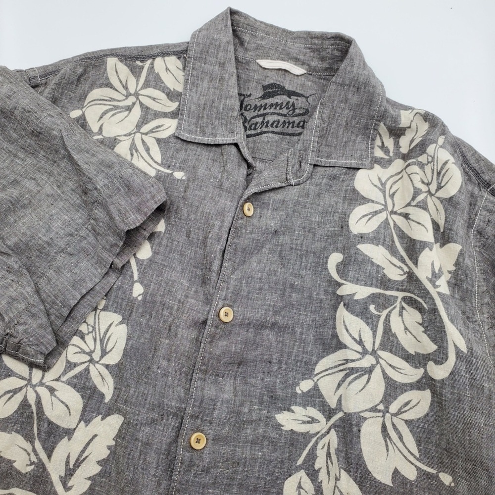 Tommy Bahama Relax Mens L Grey 100% Linen Floral Hibiscus Button Down Camp Shirt